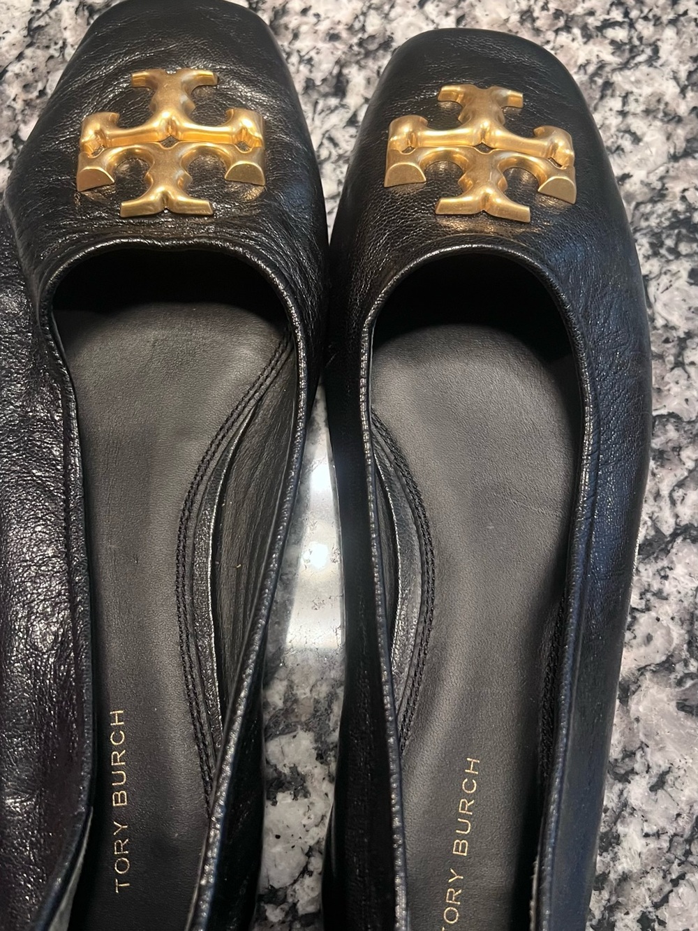 Tory Burch Black Leather Flats with Gold Logo Emblem